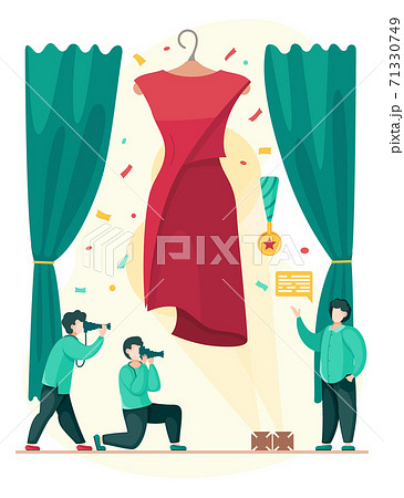 Designer or stylist present new stylish red dress, photo journalists taking photo of presentation 71330749