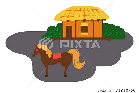 Asian village old house vector art and illustration. Thatched-roof rural house near the horse 71330750