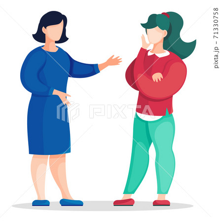 Two young women talking, colleagues discussing and listening each other, friends conversation 71330758