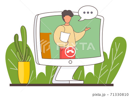 Man with document talking through videocall, video conference at computer display, dialogue cloud Man with document talking through videocall, video conference at computer display, dialogue cloud 71330810