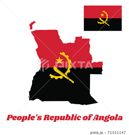 Map outline and flag of Angola, with name text people s Republic of Angola.
