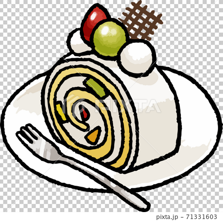 食べ物イラスト素材 フルーツロールケーキの手描きベクターイラストのイラスト素材