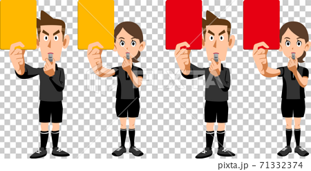 レッドカードとイエローカードを見せるサッカーの審判の男女のセットのイラスト素材