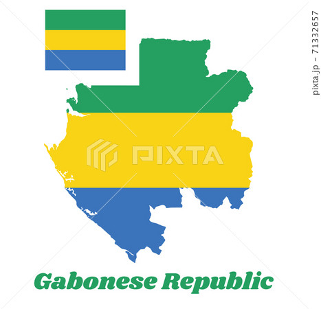 Map outline and flag of Gabon, A horizontal triband of green, gold and blue. 