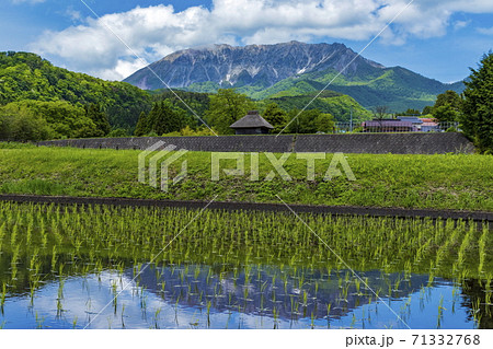 新緑と国立公園大山＿のどかな初夏の風景＿茅葺小屋と水田に映る逆さ大山 71332768