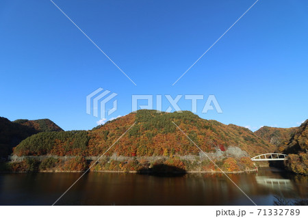 山梨県の塩川ダムのみずがき湖の周りの紅葉 71332789
