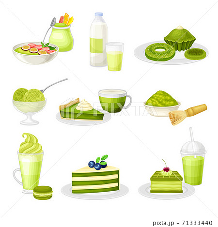 Green Matcha Desserts with Cake and Ice Cream Vector Set 71333440