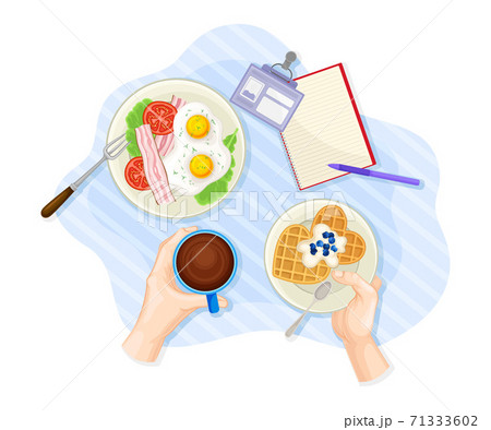 Human Hands Eating Scrambled Egg and Waffles Served on Plate Rested on Table Cloth Vector Illustration Human Hands Eating Scrambled Egg and Waffles Served on Plate Rested on Table Cloth Vector Illustration 71333602