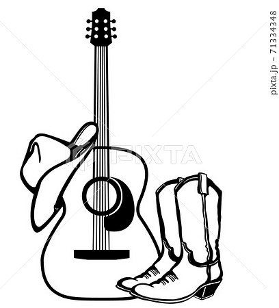 Acoustic guitar and cowboy boots and American hat. Country music Outline vector illustration isolated t shirt design on white 71334348
