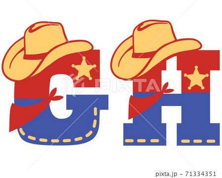 English alphabet. Vector illustration of letter G and H with western decoration Cowboy hat and sheriff star isolated on white background. Cowboy baby cartoon style characters English alphabet. Vector illustration of letter G and H with western decoration Cowboy hat and sheriff star isolated on white background. Cowboy baby cartoon style characters 71334351