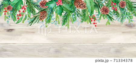 木目を背景にしたクリスマス装飾の水彩イラスト 松毬 もみの枝 西洋柊などのアレンジメント のイラスト素材