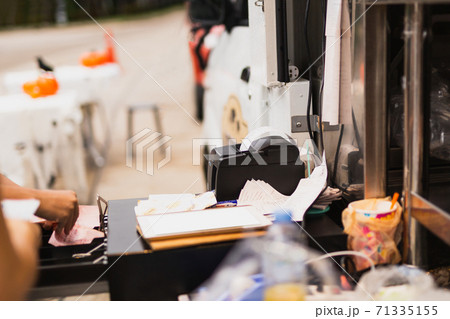 Woman cashire changing money at cash register in her hand. Woman cashire changing money at cash register in her hand. 71335155