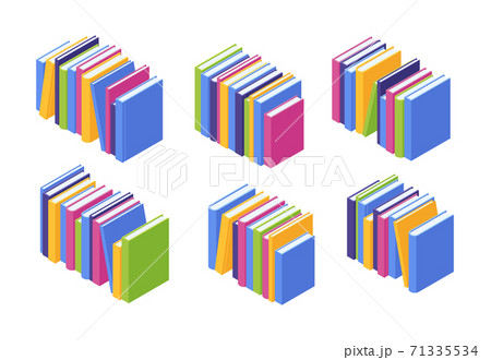 Book pile isometric. Vector illustration set of stacks of standing colorful paper textbooks with hard cover. 71335534