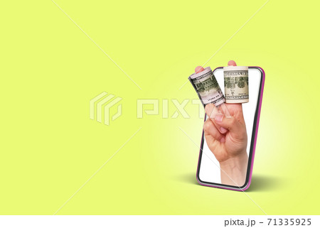 income concept mobile banking lottery or trade Easy Money hand shows victory sign with dollar bills in convolutions through phone screen 3d render on yellow gradient income concept mobile banking lottery or trade Easy Money hand shows victory sign with dollar bills in convolutions through phone screen 3d render on yellow gradient 71335925