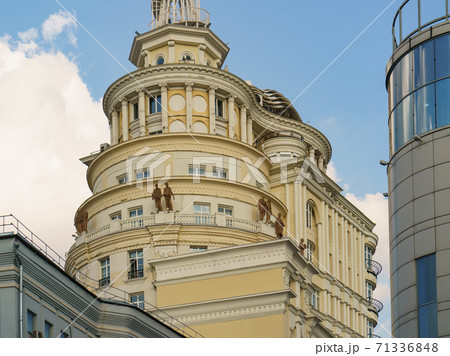 House called PATRIARCH / PATRIARH near Patriarch Ponds in spring day. Coronavirus Pandemic VS. architecture of the Russian capital. Symbolic like antique sculptures 71336848