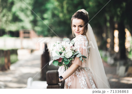 Beauty portrait of bride wearing fashion wedding dress with feathers with luxury delight make-up and hairstyle Beauty portrait of bride wearing fashion wedding dress with feathers with luxury delight make-up and hairstyle 71336863