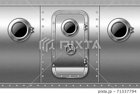 Metal door on wall with portholes and rivets. Metal door on wall with portholes and rivets. 71337794