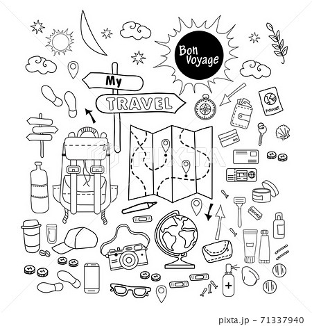 Tourist set. Doodle linear drawings of luggage for tourist and travel. Traveling things and objects are all for a person and comfort. All elements are isolated. Vector illustration 71337940
