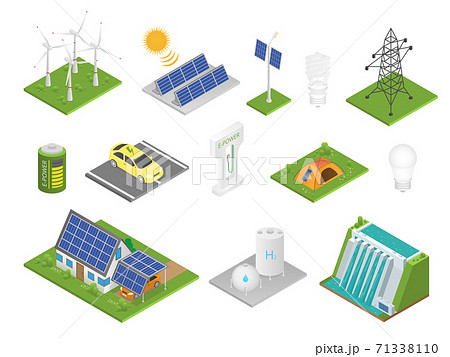 Isometric green technologies. Innovative eco industry collection, alternative energy sources sun battery and windmill, replenishable resources and recyclable waste vector isolated set 71338110