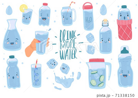 Drink more water. Cute drinking eco bottles characters, funny glasses with cartoon kawaii faces, healthy lifestyle collection, clear aqua consumption call concept. Vector isolated doodle set 71338150