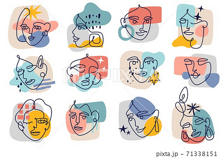 Abstract contour female faces. Modern one line women portraits sketches collection, contemporary collage background colorful spots, trendy doodle minimalist faces. Vector isolated set 71338151