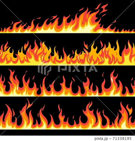 Fire flame seamless pattern set. Bright cartoon endless frames and borders, flaming background collection, creative design textile, wrapping paper, wallpaper vector on black texture 71338195