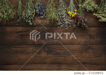 Medicinal plants bunches on brown wooden board. Top view, flat lay. Alternative medicine. 71339855