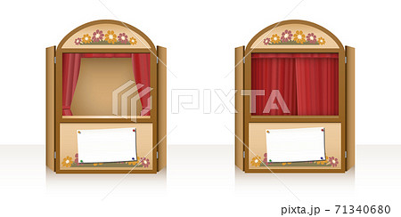 Puppet theater with open and closed curtain and a blank staging announcement banner. Punch and judy booth, stage play for children. Vector illustration on white background. 71340680