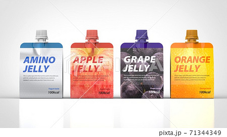 Spout pouch 4 flavors front 3d rendering 71344349