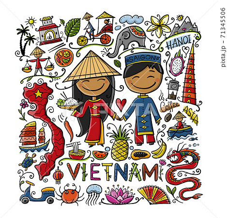 Travel to Vietnam. Frame with traditional Vietnamese cultural symbols. Vietnamese landmarks and lifestyle of people Travel to Vietnam. Frame with traditional Vietnamese cultural symbols. Vietnamese landmarks and lifestyle of people 71345506