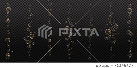 Gold fizzy bubbles. Sparkles champagne. Fizzy pop and effervescent drink. Abstract fresh soda and air bubbles, oxygen, champagne crystal. Vector illustration on black transparent background. 71346477