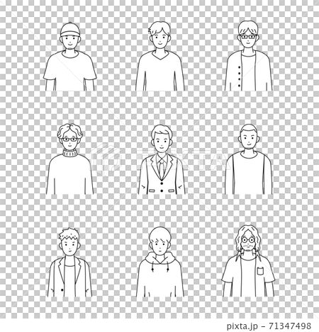 シンプルな男性のイラスト　セット　バストアップ　線画 71347498
