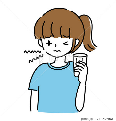 飲み物を飲んで苦しい顔をする若い女性のイラストのイラスト素材