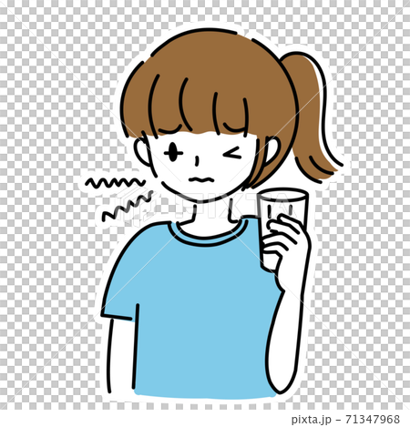 飲み物を飲んで苦しい顔をする若い女性のイラストのイラスト素材