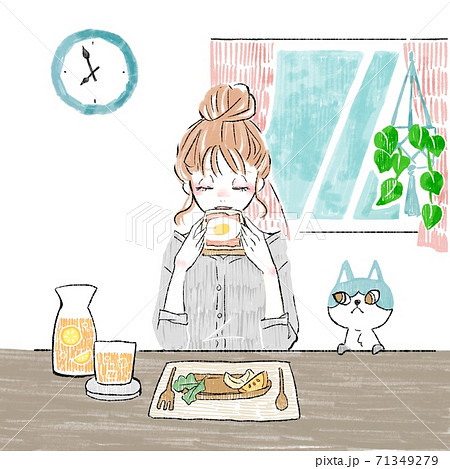 朝食を食べるオシャレな女性のイラストのイラスト素材