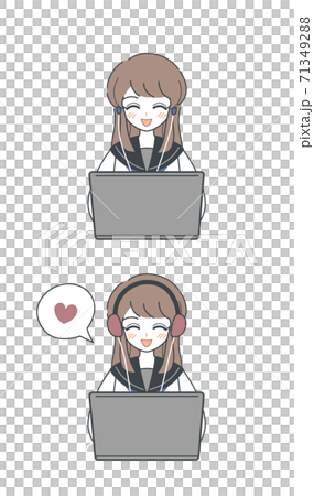 ヘッドホン イヤホン パソコンで音楽を楽しむ 動画を楽しむ女子高生 ベクターのイラスト素材