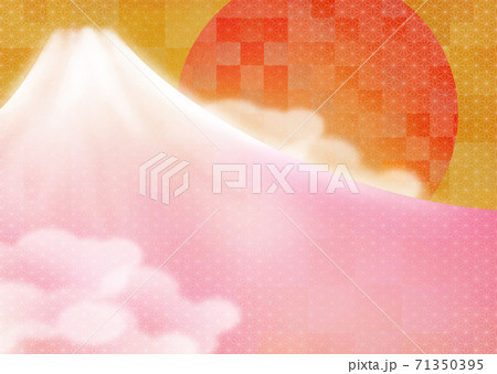 赤味ある金箔の一抹和柄背景に日本画風の桃色の富士山と初日の出が浮かぶ年賀背景イラストのイラスト素材
