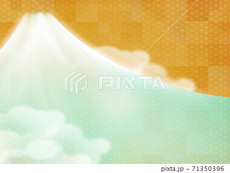 赤味ある金箔の一抹和柄背景に日本画風の富士山が浮かぶ年賀背景イラストのイラスト素材