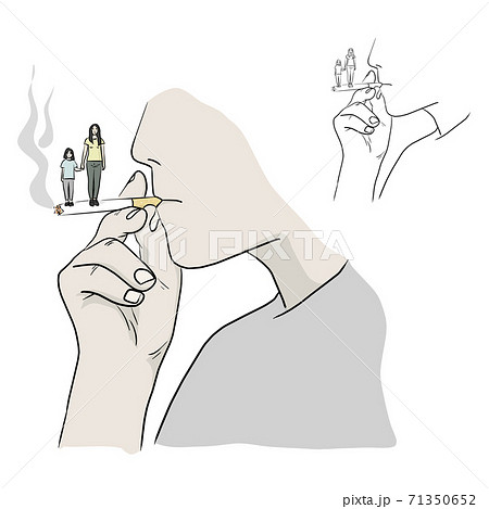man smoking with his family on his cigarette vector illustration sketch doodle hand drawn with black lines isolated on white background. Stop smoking concept. 71350652