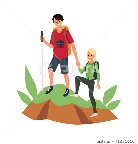 Happy couple of tourists in hike or adventure a isolated vector illustration. 71351016