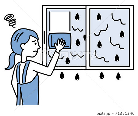 結露で濡れる窓掃除に悩むエプロンの女性 2色デザインのイラスト素材