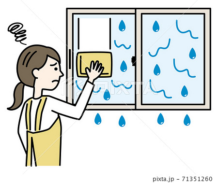 結露で濡れる窓掃除に悩むエプロンの女性のイラスト素材