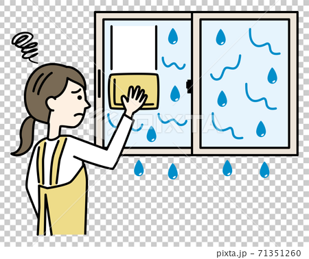 結露で濡れる窓掃除に悩むエプロンの女性のイラスト素材