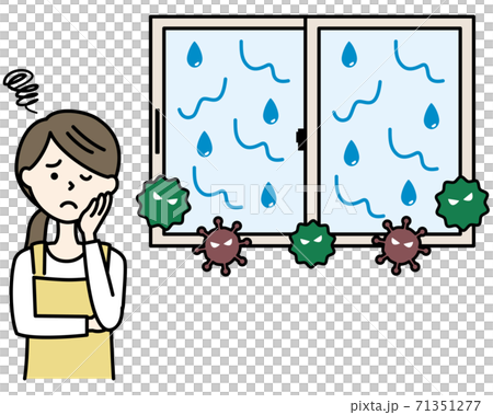 A woman in an apron suffering from mold caused by condensation on windows 71351277