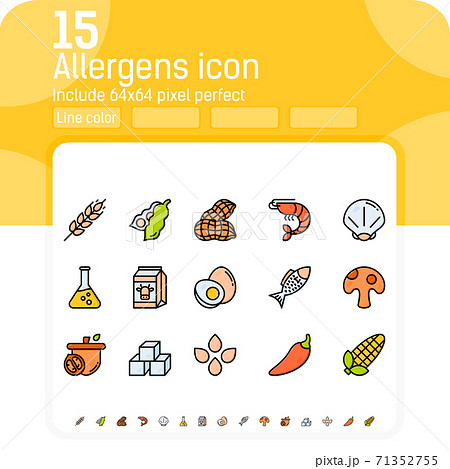Allergens line color icons vector set. Isolated on white background. Allergens icon with lineal color style. Food allergens symbols emblems signs collection. Allergens and diet outline color icons set Allergens line color icons vector set. Isolated on white background. Allergens icon with lineal color style. Food allergens symbols emblems signs collection. Allergens and diet outline color icons set 71352755