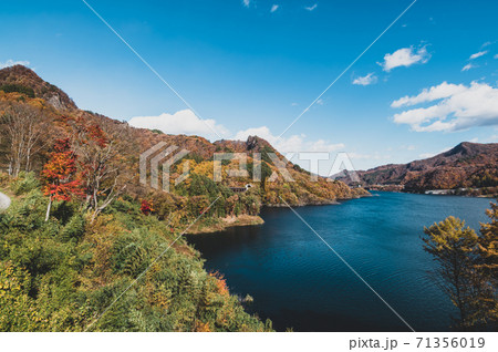 八ッ場あがつま湖と紅葉した山々 不動大橋からの見晴らし 超広角　2020.11　a-2 フィルム調 71356019