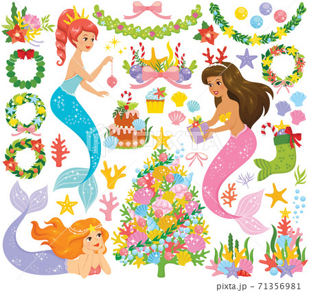 Mermaid Christmas clipart set. Magical under the sea Christmas concept with a colorful coral Christmas tree. Mermaid Christmas clipart set. Magical under the sea Christmas concept with a colorful coral Christmas tree. 71356981