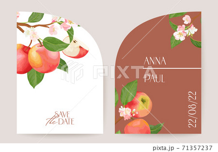 Modern minimal Art Deco wedding vector Invitation, botanical apple boho card. Fruit, leaves, tropic flowers Modern minimal Art Deco wedding vector Invitation, botanical apple boho card. Fruit, leaves, tropic flowers 71357237