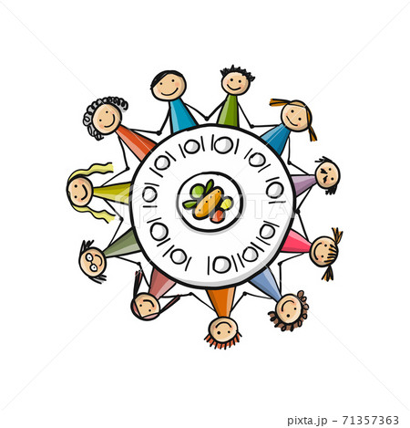 Family having dinner at round table 71357363