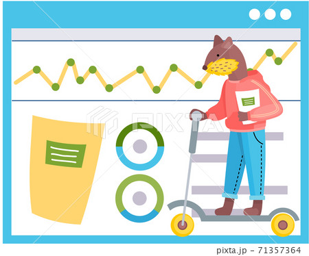 Lovely cute beaver schoolboy with notebook in hands is riding a scooter. Back to school concept 71357364